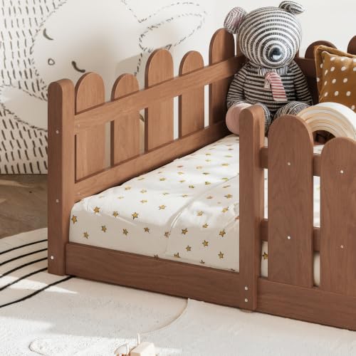 Image of Bellemave Twin Size Kids Montessori Floor Bed,Floor Bed Frame with Rounded Safety Guardrail,Solid Wood Montessori Bed for Girls Boys,Brown