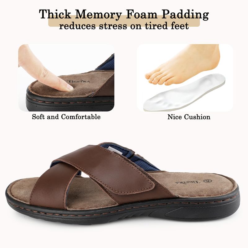TIESTRA Sandalias de cuero para hombre, cierre de velcro, puntera abierta, sandalias suaves para el verano, ocio, suela de goma antideslizante, mar, playa, exterior, marrón, talla 41-47