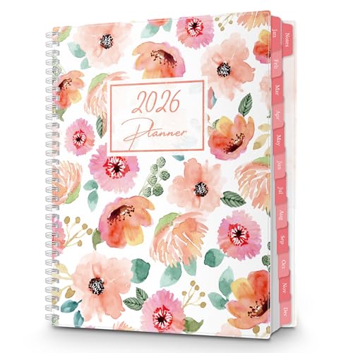 CRANBURY Large Planner 2026, 8.5x11 Weekly Monthly Calendar Agenda, Jan to Dec 2026 Daily Organizer, Floral Theme, Spiral Bound Planner with Tabs, Bookmark, Stickers, Lays Flat