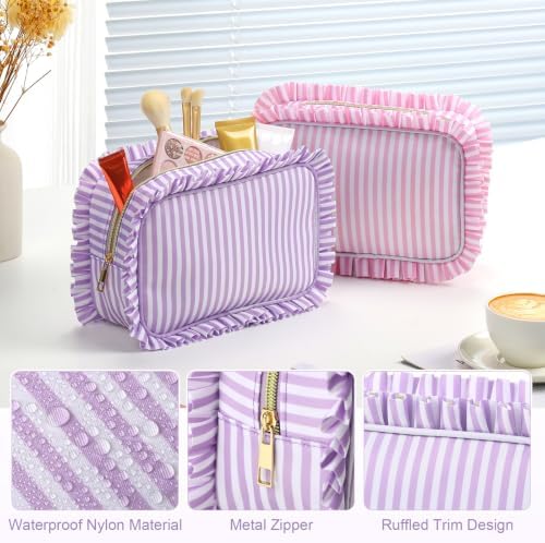 Kigeli 4pcs Ruffle Makeup Bag Preppy Cosmetic Pouch Large Travel Cute Cosmetic Bag Pink Blue Purple Green Striped Nylon Waterproof Toiletry for Women Girls Travel Gift - 2