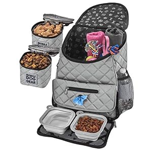Mobile Dog Gear Dog Travel Bag Deluxe Quilted Weekender Backpack Includes Lined Food Carriers and 2 Collapsible Dog Bowl