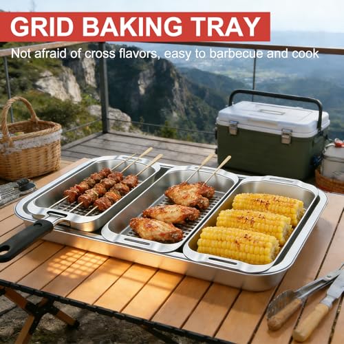 Halorin Grillkorb Set mit 3 Edelstahl-Körben, Serviertablett und Universalgriff, Perforierte Grillschale und Gemüsekorb als Vielseitiges BBQ Grill-Zubehör für Fisch, Grillschalen für Gasgrill