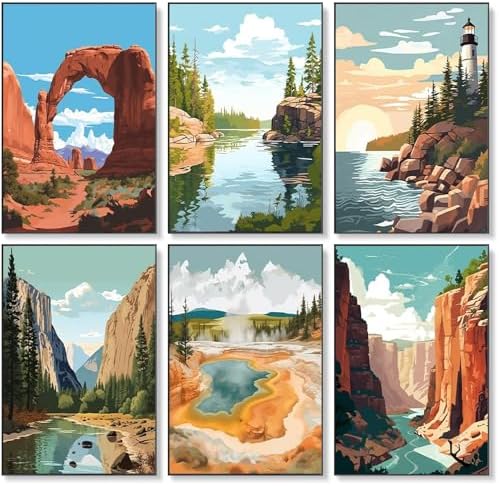 6 Pack Paint by Numbers Kit for Adults Beginner, National Park Adult Paint by Number Kits on Canvas Without Frame, National Park Landscape Oil Painting by Numbers for Home Decor Gift 8” W x 12”L