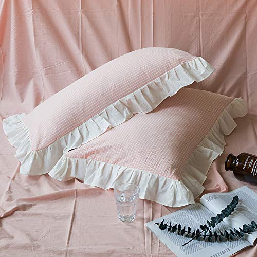 Susybao Pink Ruffled Duvet Cover King 100% Washed Cotton Striped Cute Duvet Cover Set 3 Pieces 1 White Lace Vintage Duvet Cover With Zipper Ties 2 Pillow Shams Luxury Soft Shabby Chic Ruffle Bedding #TOP6