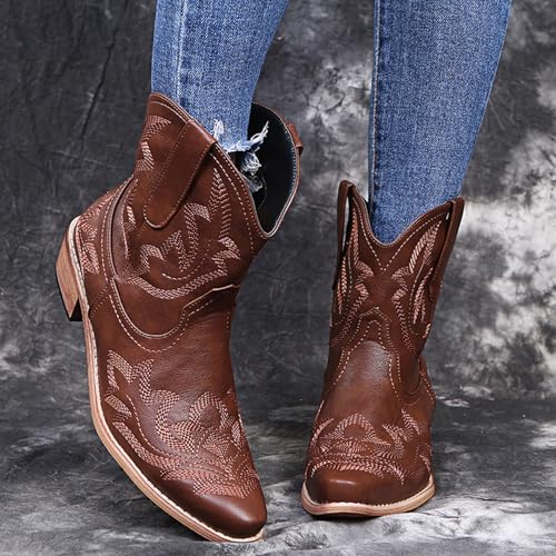gloryinterest Cowboy Boots for Women Booties Ankle Cowgirl Western Boots Stitched Embroidered Pointed Toe Short Chunky Classic Brown Red Blue US6-10.53