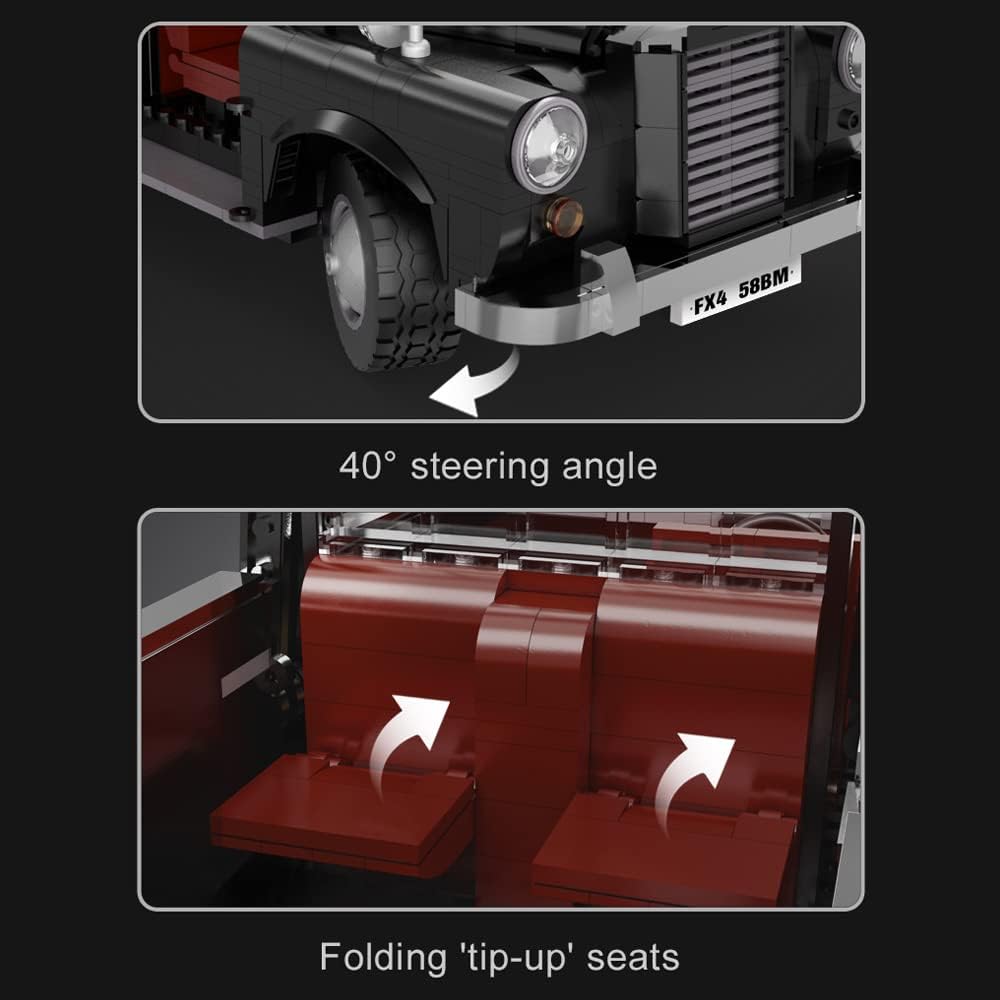 Views demonstrating the 40-degree steering angle and folding seats of the CaDA London Taxi