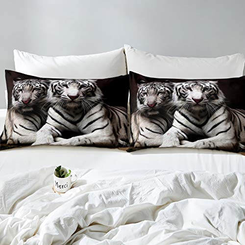 Erosebridal White Tiger Comforter Set King Size, 3D Animal Print Bedding Set For Kids Boys Girls Teens Adult, Gray Black Stripe Duvet Sets African Safari Animal Quilted Duvet Bedroom Decor #TOP2