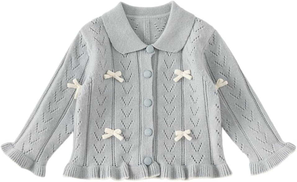Baby Girls' Knitted Sweater Bowknots Toddler Button Up Jacket Peter Pan Collar and Ruffled Hem Long Sleeve Cardigan