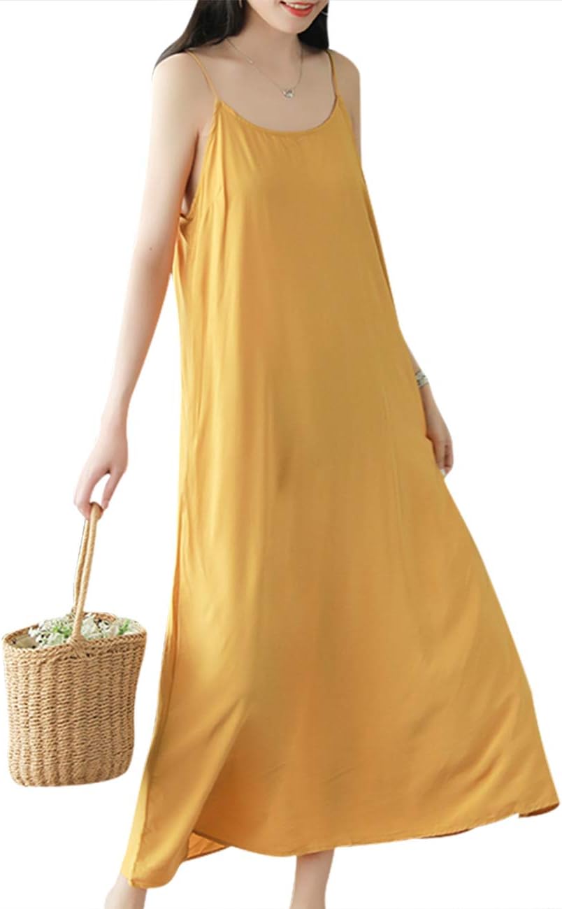 Women Sexy Summer Beach Midi Dress Sleeveless Strappy Loose Plain Sleep Dresses JELUK