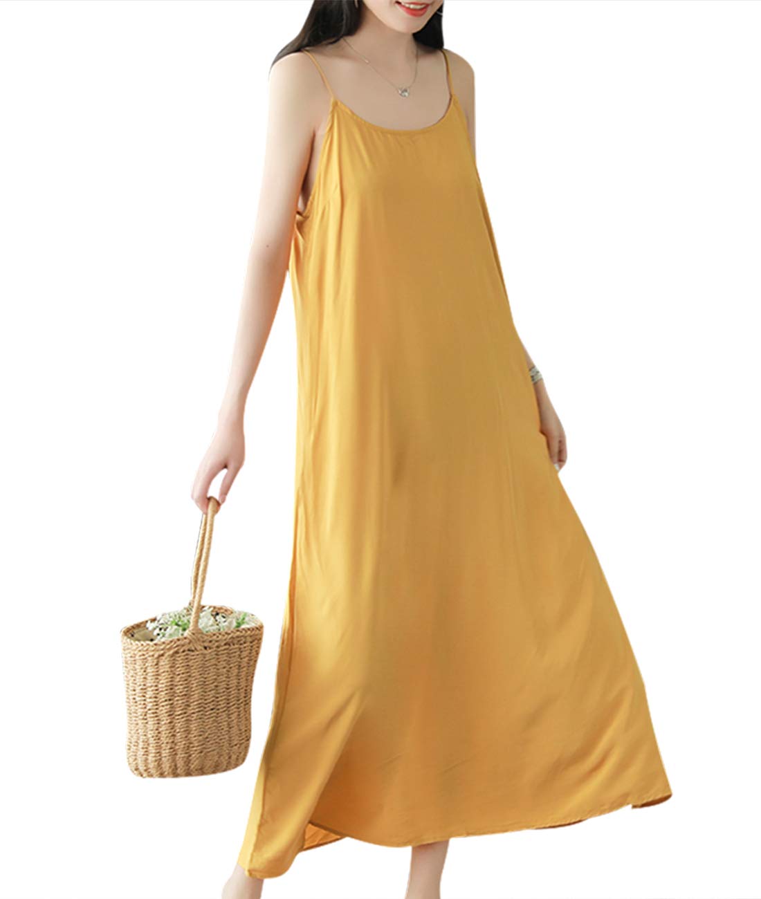 Women Sexy Summer Beach Midi Dress Sleeveless Strappy Loose Plain Sleep Dresses JELUK