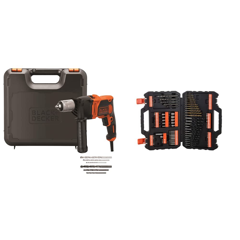 BLACK+DECKER BEH850K-QS Trapano a Percussione a 2 velocità Meccaniche + 6 Extra Punte in Valigetta, 850W & Punte Trapano, Set Titanium Per Forare E Avvitare, 109 Pezzi, Nero, A7200-Xj