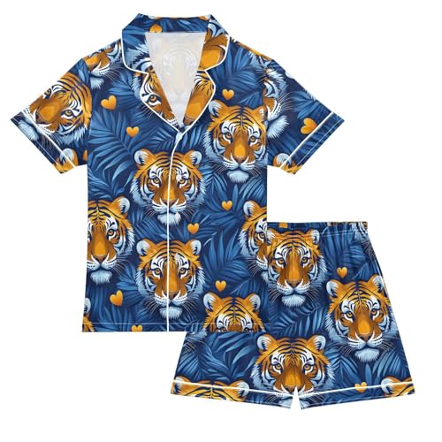 ALAZA Tiger Blue Plam Leaf Satin Pajamas Set Short Sleeve Button Down Sleepwear Summer Pjs 2 Piece