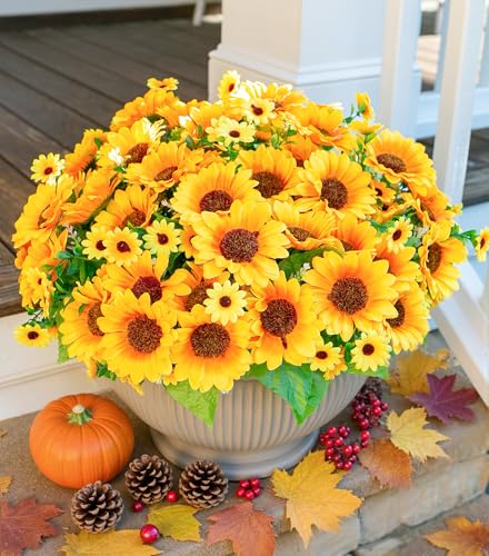 Sunflowers Artificial Flowers, 10 Bunches Fake Sunflower Artificial Flowers for Outdoors Spring Summer Decoration Look Real UV Resistant Fake Flowers for Home Porch Garden Wedding Party Office Indoor