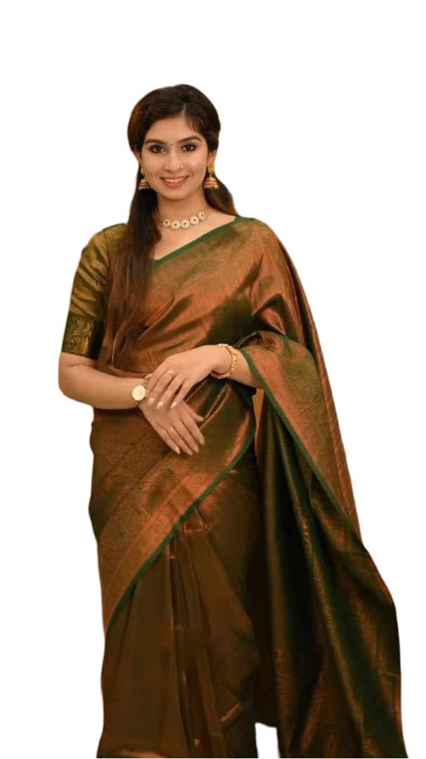 Flosive Women's Kanjivaram Silk Saree With Beautiful Blouse With Zari Border (Green G)