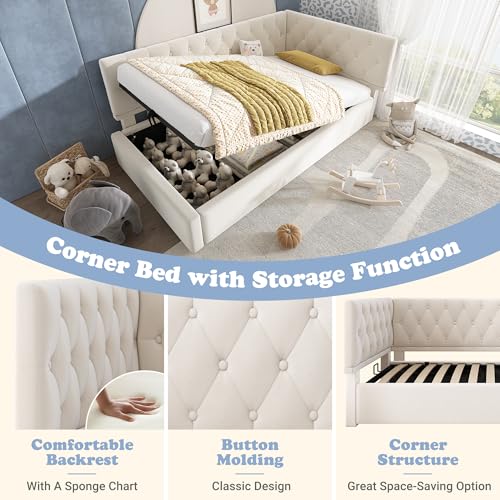 TIZZ Cama tapizada, 90 x 190 cm, sofá cama con espacio de almacenamiento hidráulico, cama infantil, cama juvenil, estructura de cama con somier de madera, terciopelo, beige, sin colchón - imagen 8