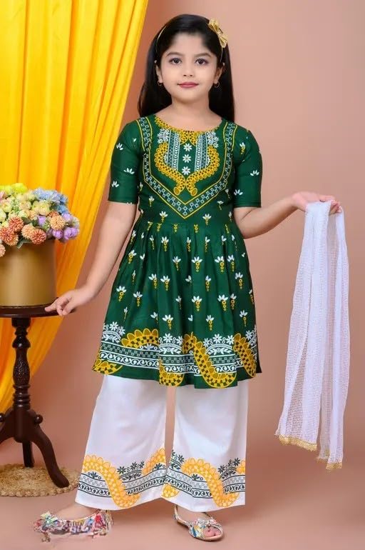 Image of Girls' Traditional Printed Kurti with Palazzo and Dupatta Set, Pink and White, Floral Design