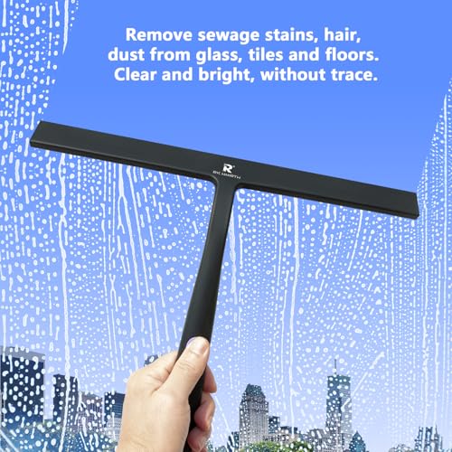 Image of Squeegee for Shower Door 14 Inch Wide Blade, 11 Inch Short Handle One-Piece Silicone with Stainless Steel Core, Non-Slip Grip Window Squeegee for Bathroom Mirror Car Windshield, Aluminum Hook (Black)