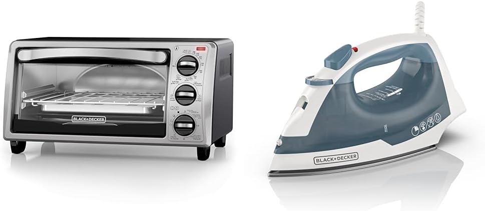 BLACK+DECKER 4-Slice Convection Oven, Stainless Steel, Curved Interior fits a 9 inch Pizza, TO1313SBD & IR40V Textile Iron, Standard