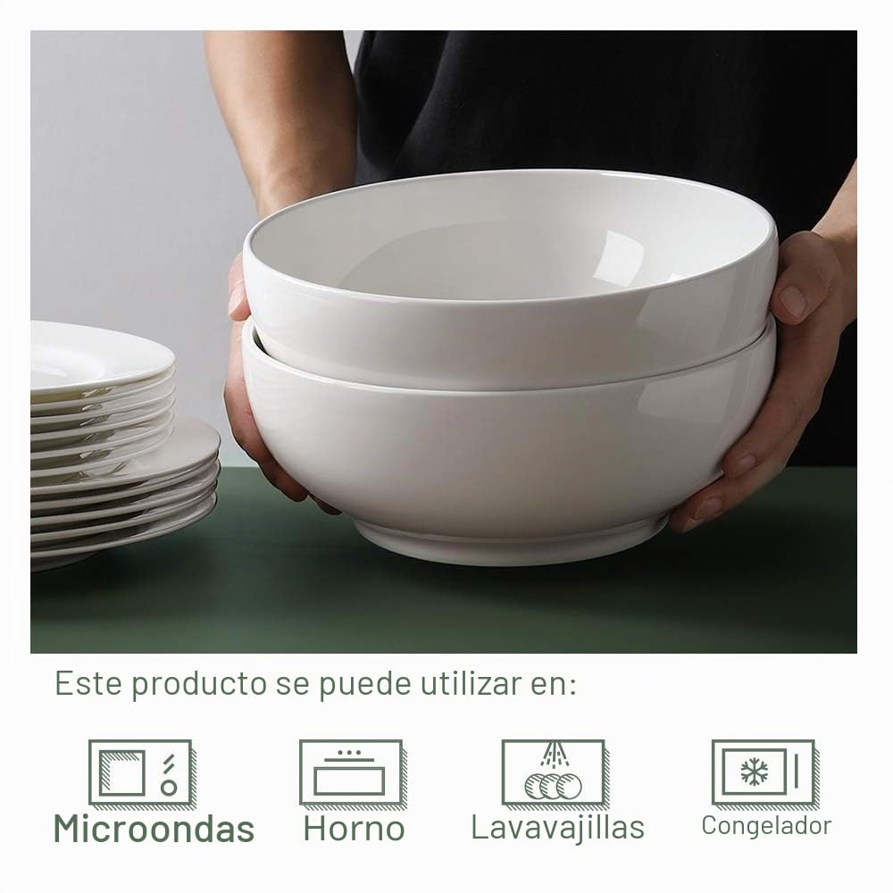 DOWAN Cuenco para Servir en Porcelana 2,65 Litros, Ensaladera Grande en Cerámica, Juego de Cuencos Grandes para Servir, Cuenco para Sopa, Ramen, Pho, Salade, Blanco, Lot de 2