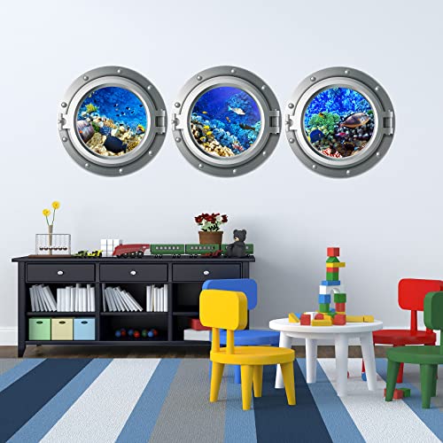 Porthole Decoration Wall Sticker 3D Undersea Tropical Fish Corals Decorative Wall Decals Removable Vinyl Peel And Stick Fake Window Art Sticker For Children Kids Room Nursery #TOP9