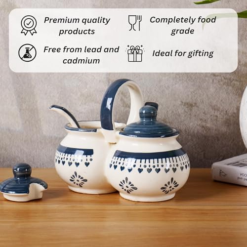 Image of Niyara Multipurpose Storage Ceramic Pickle set Jars & with Lid & tray (Set of 2, 300 ML) (Grey flower design)