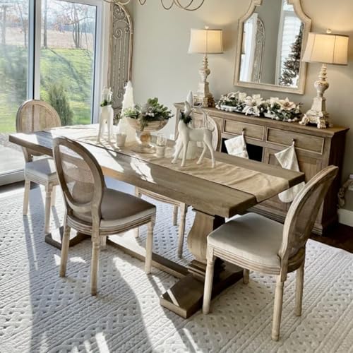 Guyou Farmhouse Dining Chairs Set of 4, Upholstered Dining Room Chairs with Round Rattan Back French Country Accent Chair Side Chairs with Distressed Wood Frame for Kitchen Living Room (Beige)