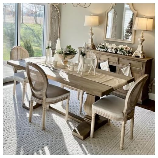Guyou Farmhouse Dining Chairs Set of 4, Upholstered Dining Room Chairs with Round Rattan Back French Country Accent Chair Side Chairs with Distressed Wood Frame for Kitchen Living Room (Beige)
