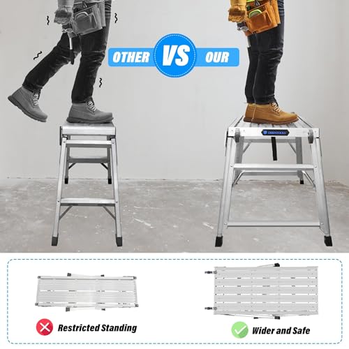 ORIENTOOLS Adjustable Work Platform + Wheels & Handle, (39.4\" X 18.5\") Portable Folding Aluminum Step Ladder, Scaffolding of Capacity 330 LBS Heavy Duty, 7 Gear Adjustable Height 24 “-35”