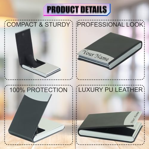 Image of Engraved Your Name Customized On Vertical Card Holder -Luxurious Unisex Design-RFID Blocking Stainless Steel 1 x 10 x 6 cm for Credit|Debit|ATM|Business Visiting Corporate Gift (Black-Long)