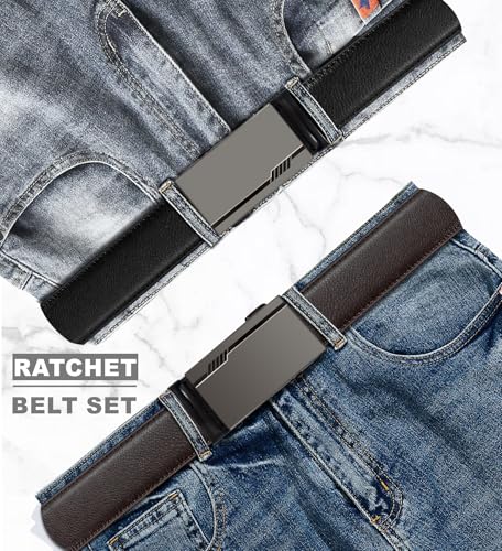 Image of Leather Ratchet Belts For Men 2 Pack,Slide Ratcheting Belt,Adjustable Click Dress Belt
