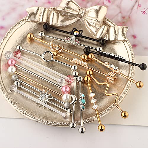 Suotarn 18Pcs 14G Stainless Steel Long Industrial Barbell Earrings Cartilage Helix Conch Body Piercing Jewelry #TOP2