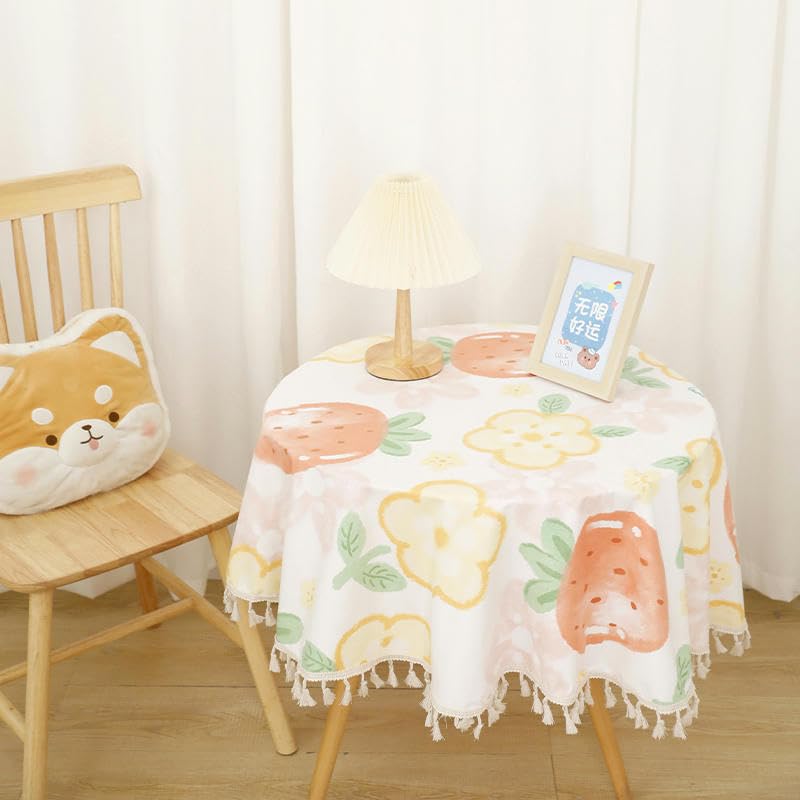 Nappe ronde coton lin KeuLen rouge fraise 180cm avec pompons