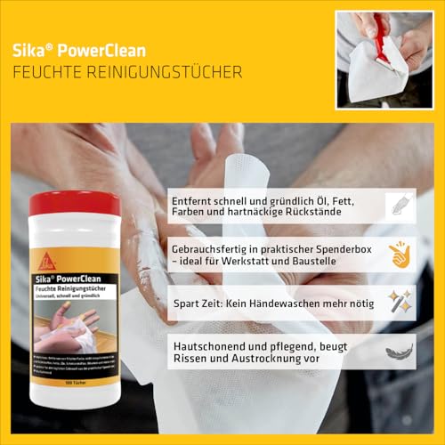 Sika – Feuchte Reinigungstücher – Sika PowerClean - Weiß – Ideal für die Werkstatt – Saubere Hände ohne Waschen – Spenderbox mit 100 Tüchern