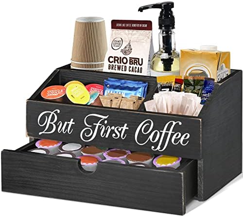 ANRXNCY Coffee Station Organizer, Wood K Cup Pods Holder with Drawer, Countertop Bar Accessories Tea Bag Condiment Organizer for Decor, Lovers Gift