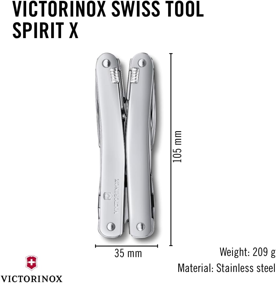 Victorinox Swiss Tool Spirit X Multi Tool, 24 Function Swiss Made with Locking Blade and Long-Nosed Pliers, and Leather Pouch - Silver