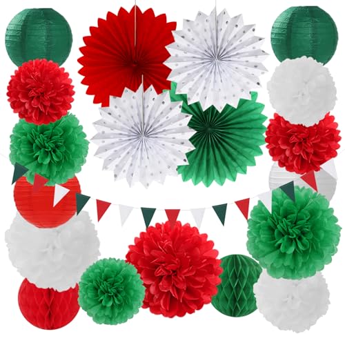 Red Green-White Christmas Party Decorations - 20pcs Mexican Italian Paper Lanterns Fans,Tissue Pom Poms,Honeycomb Balls,Bunting,Birthday Mexico Italy Baby Shower Wedding Decor Burgleda