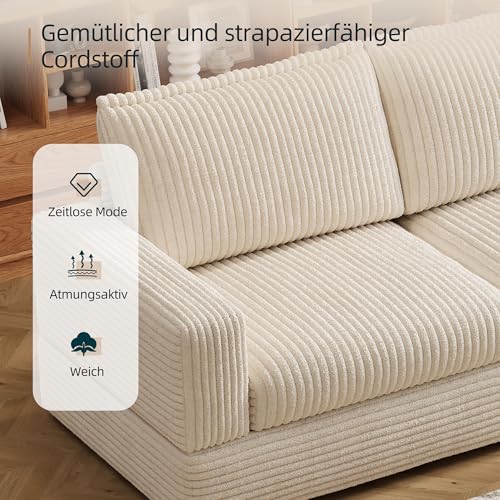 OLEYLUCKIDEA 268cm Modular Sofa Couch, Bequeme 3-Sitzer-Sofa mit Tiefer Sitzfläche & Weicher Polsterung，Cord Couch für Wohnzimmer, Beige