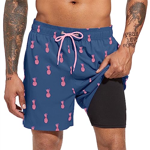 Men's Swim Trunks Quick Dry Beach Shorts with Compression Liner Swimming Shorts with Zipper Pockets Pink Pineapple M