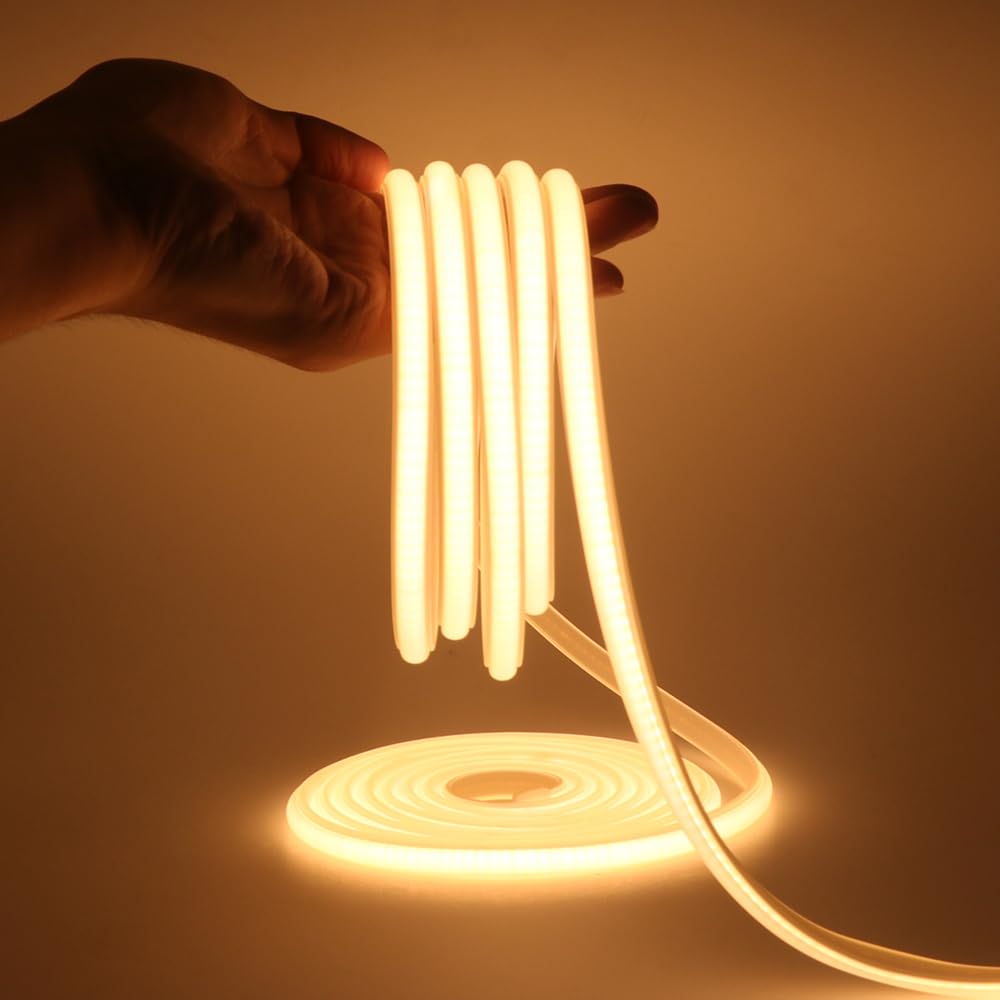 HEGEHE COB Neon Light Strip with 220V Power Cord, Cut to 50cm, 288LED/m Flexible and IP65 Waterproof Silica Gel Rope Light (8m, Warm White)
