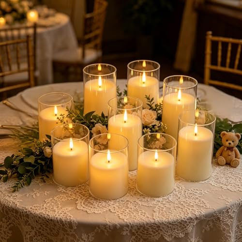 Image of kakoya Flickering Flameless Candles Battery Operated with Remote and 2 /4 /6 /8 H Timer Acrylic Led Pillar Candles Pack of 9 (D 3 inch xH 4 inch 5 inch 6 inch) with Realistic 3D Wick Candles for Home Decor(Ivory)