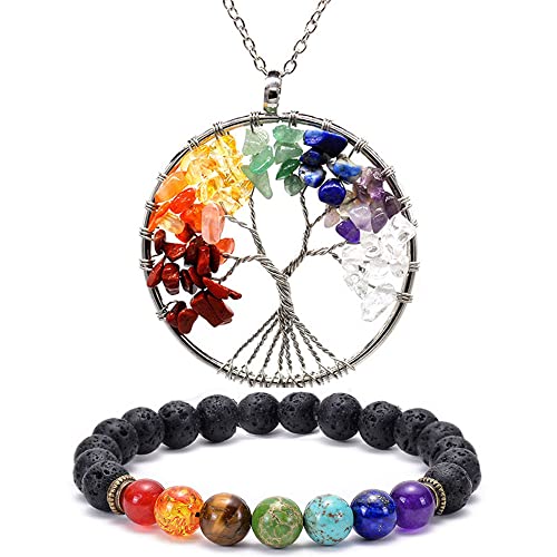 SARJAR Tree Necklace 7 Chakra Tree of Life Healing Crystal Necklace Pendant and Volcanic Stone Energy Yoga Bead Bracelet Gift for Women Girlfriend