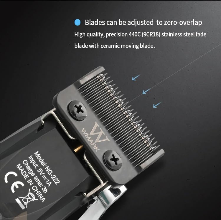 WMARK NG-222 Hair Clipper blades showing zero-overlap adjustment