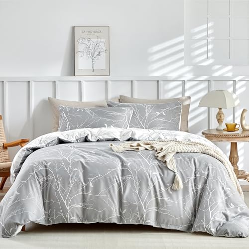 Tokokimo Duvet Cover Queen, Grey Branches Pattern, 3 Pieces Soft and Breathable Microfiber Queen Duvet Cover Set with 2 Pillowcases (A-Grey Branches, Queen) by Tokokimo - Image 6