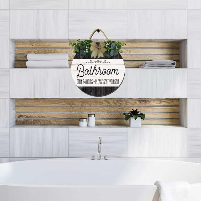 Rustic Farmhouse Bathroom Wall Art, Open 24 Hours Please Seat Yourself, 12cm Round Wooden Sign image 3