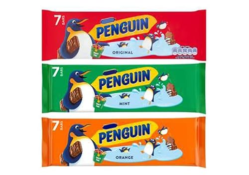 Image of Penguin Biscuit Bars Variety Pack, Original, Mint and Orange Flavours, 7 Bars x 24.6g Each, Pack of 3, No Artificial Colours or Flavours