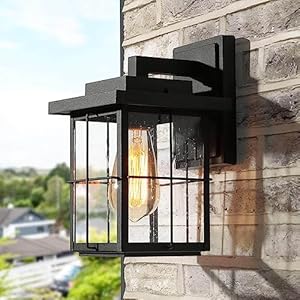 Black Outdoor Wall Lights, Farmhouse Exterior Wall Sconces Light Fixture with Seeded Glass, Modern Square Waterproof Lanterns for Front Door, Entry, Porch, Patio, and Gazebo