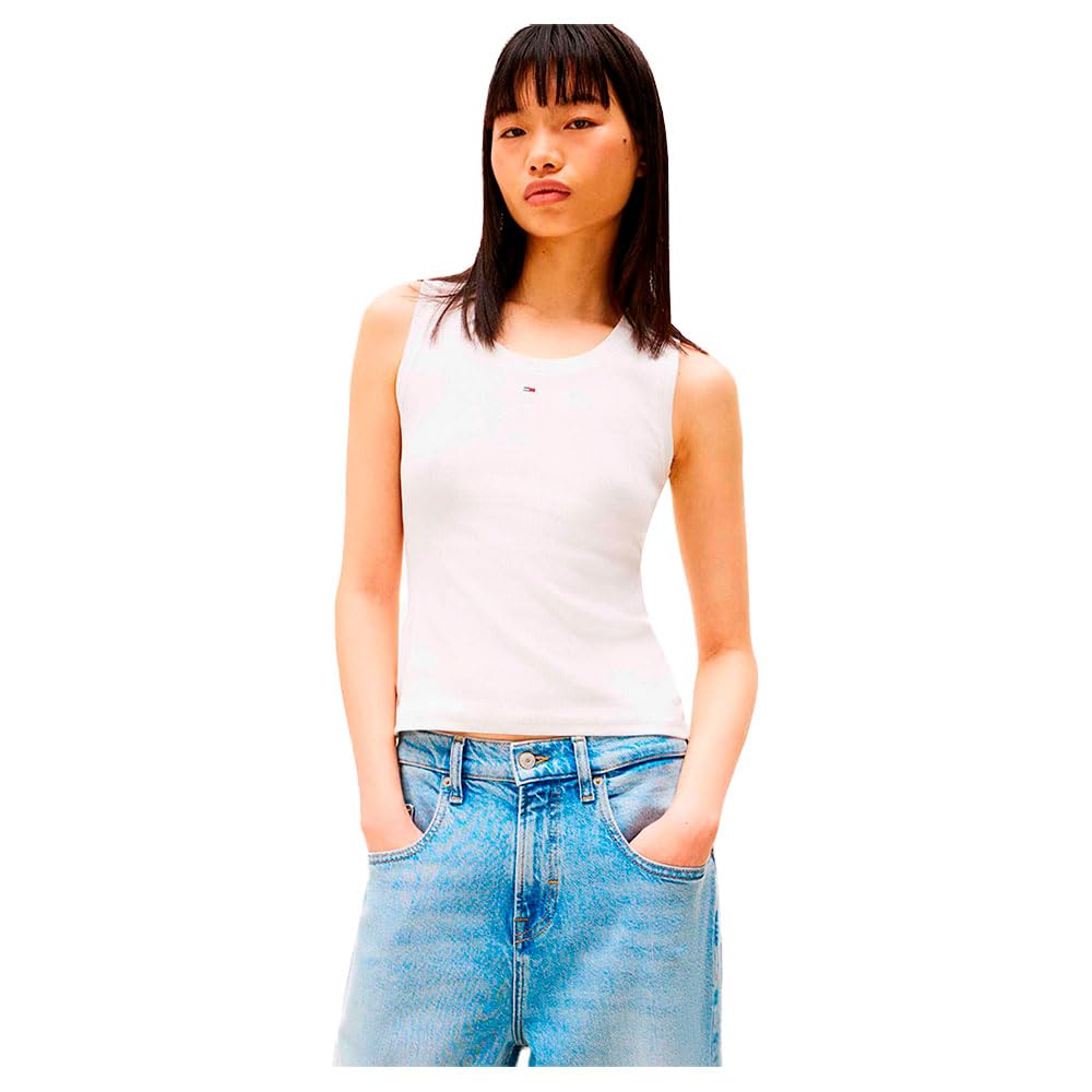TOMMY JEANS Women’s Essential Rib Slim Fit Tank Top, White (Ecru), M