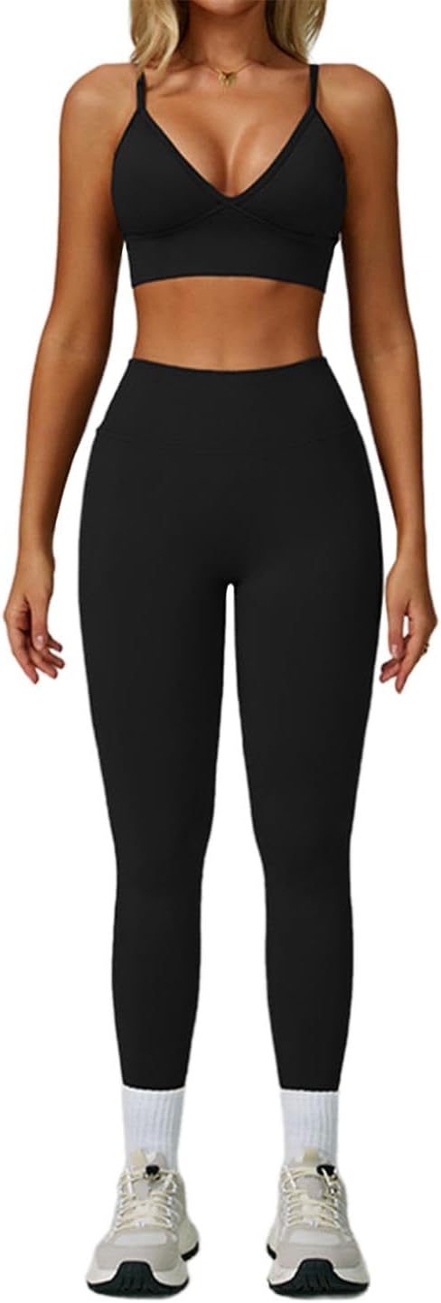 Workout Sets for Women 2 Piece Backless Strappy Sports Bra Seamless Leggings Matching Set Yoga Outfits