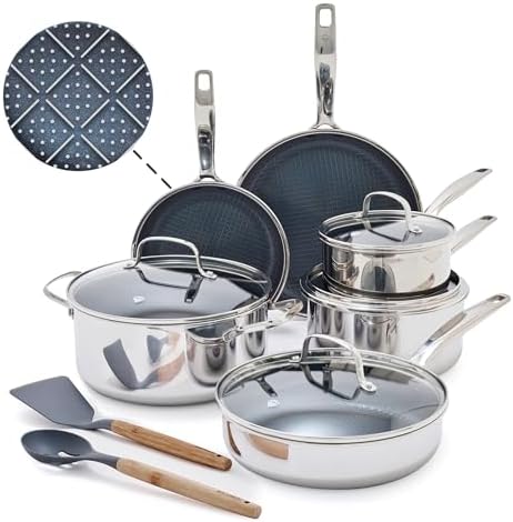 Blue Diamond Hybrid Nonstick Stainless Steel 12 Piece Cookware Set, Tri-Ply PFAS-Free Ceramic Diamond Bond Pots & Pans, Dishwasher & Oven Safe to 850F, Induction Ready, Metal Utensil Safe, Silver - Thumbnail 2