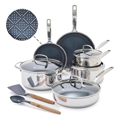 Comparison: Best Metal For Cookware 8 Blue Diamond Hybrid Nonstick Stainless Steel 12 Piece Cookware Set, Tri-Ply PFAS-Free Ceramic Diamond Bond Pots & Pans, Dishwasher & Oven Safe to 850F, Induction Ready, Metal Utensil Safe, Silver